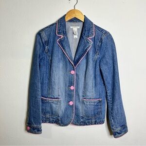 Y2K barbiecore Liz Claiborne Blue Denim Jacket Pink Trim sz L vintage Jean girl